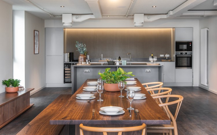 A gorgeous interior dining room and kitchen within the lifestyle area of Kampus