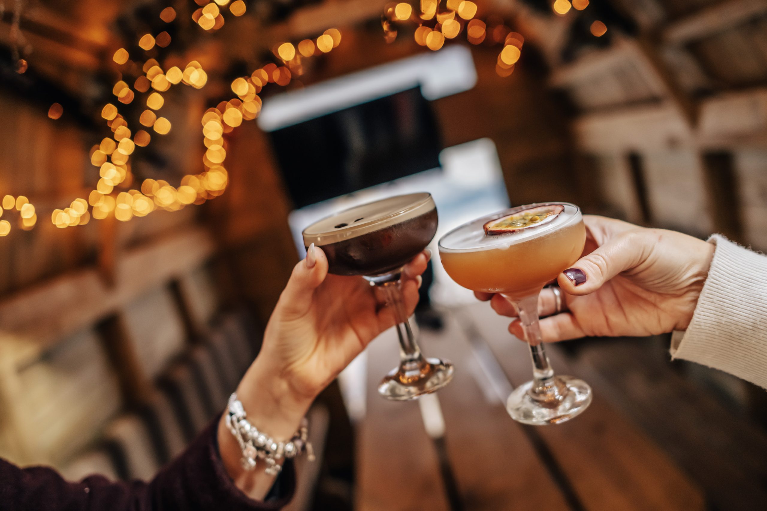 Two elegant women cheers in a gorgeous, fairy-lit wooden room.